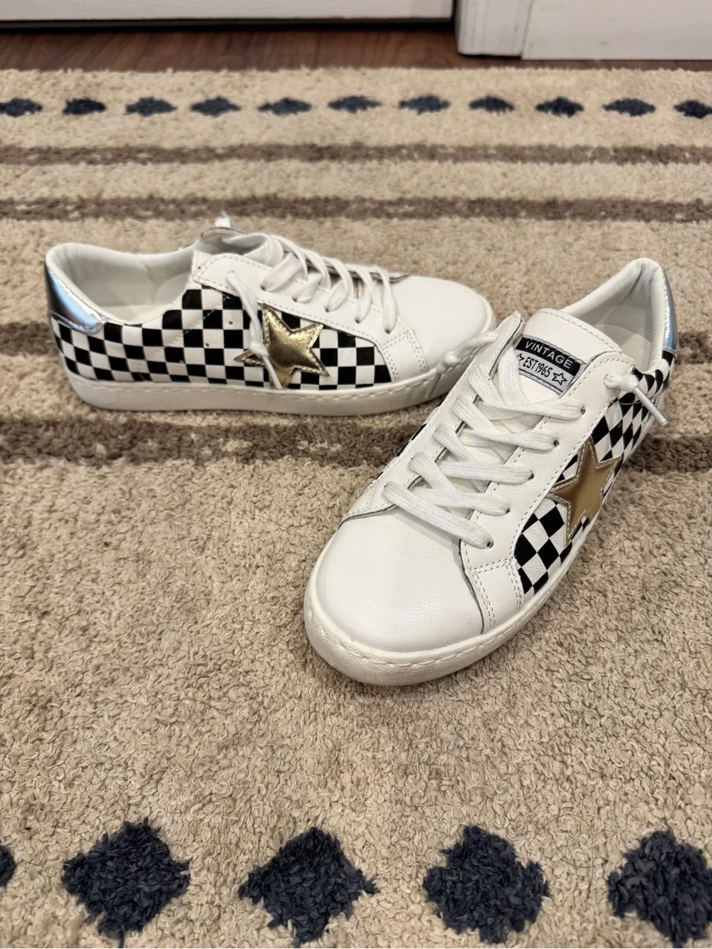 Vintage Havana White Sneakers with Black Checkerboard and Gold Star Accent